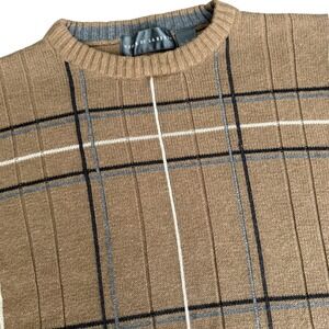 VTG Oscar de la Renta Men's Tan Plaid Cotton Blend Grandpa Knit Sweater‎ Size L